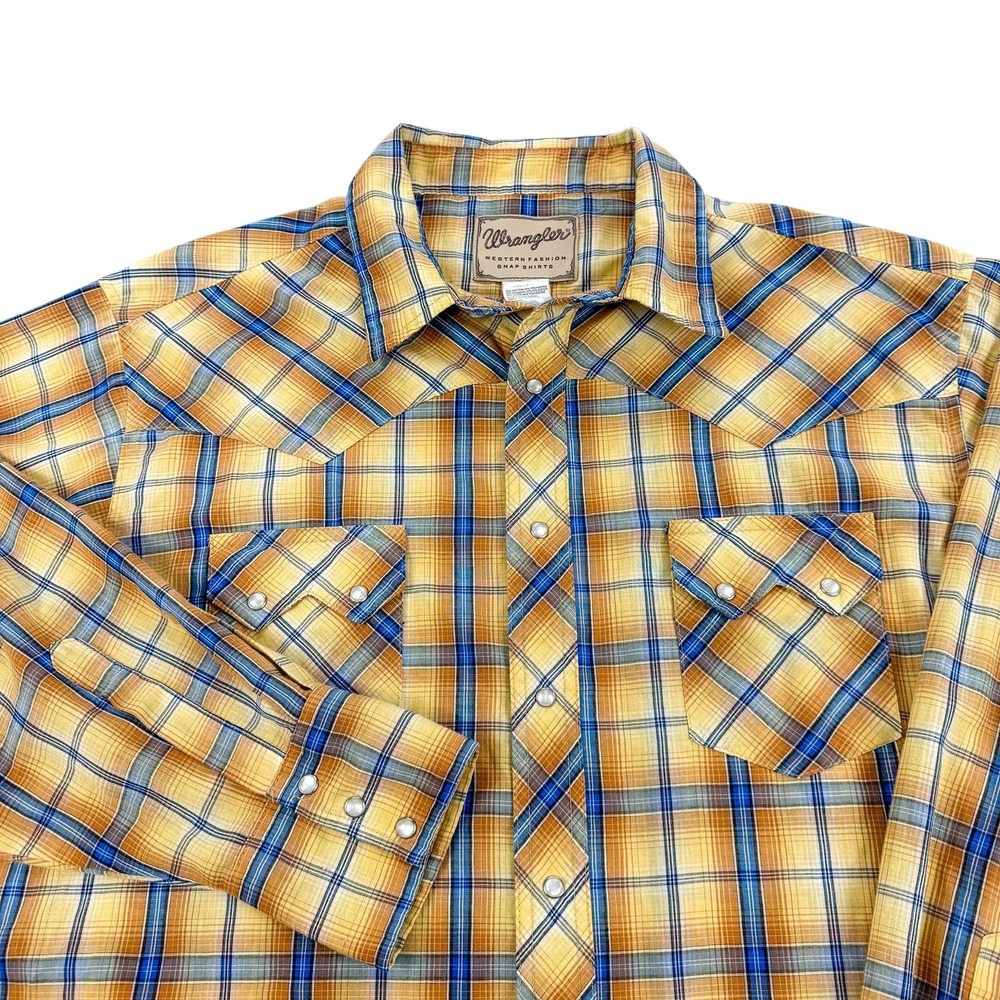 Wrangler Shirt Mens 2XL Yellow Plaid Western Pearl Snap Long Sleeve Cowboy